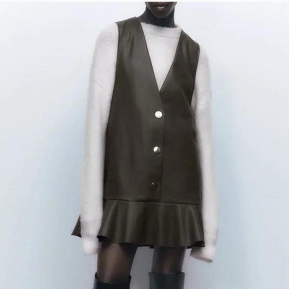 Zara Olive Faux Leather Drop Waist Dress with Ruffle Hem NWT